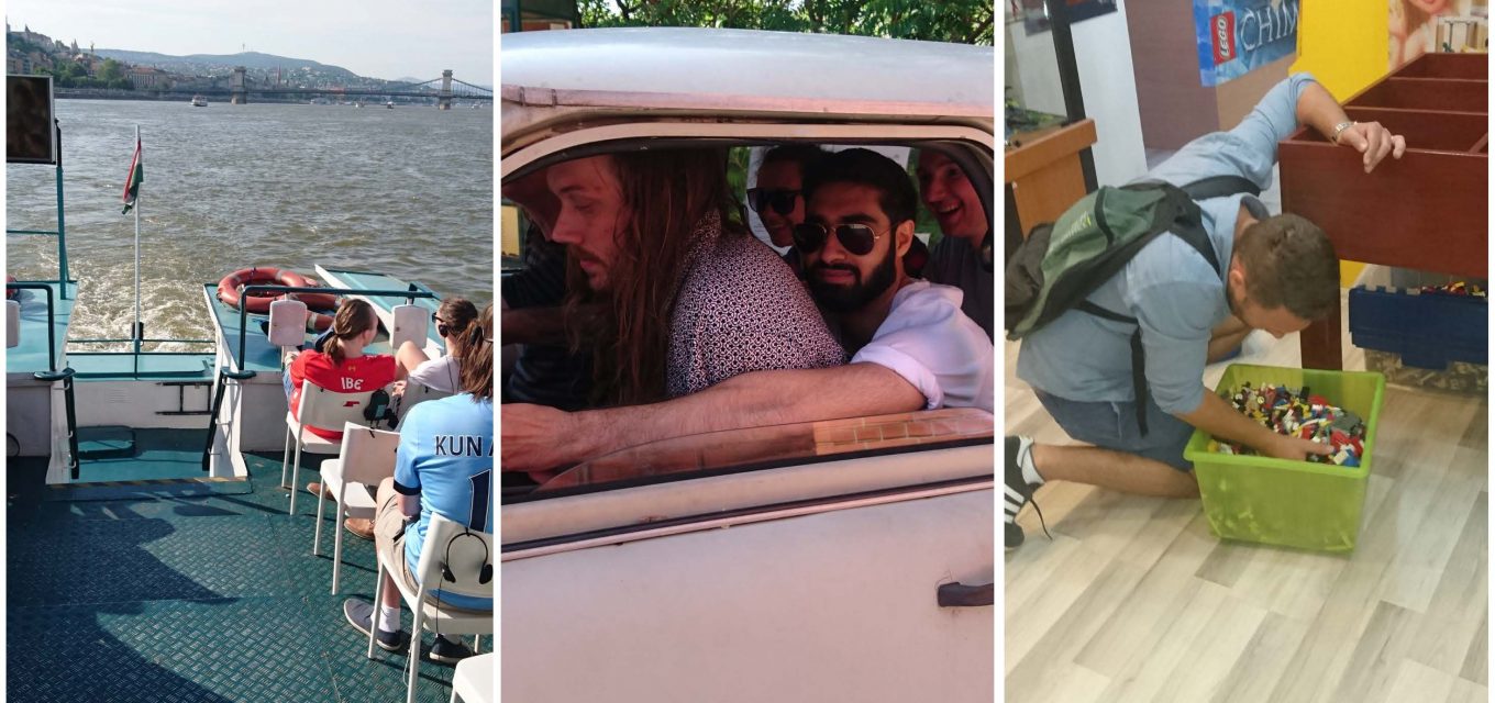 Trio av bilder från när fritidsledarna var på studieresa i Budapest. Från vänster: på båtresa, fem fritidsledare i en trabantbil och Magnus letar i låda med legobitar