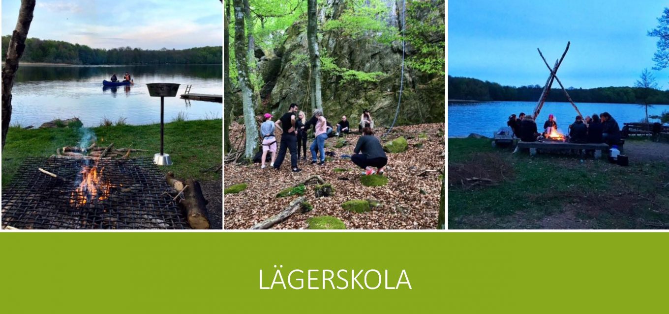 Allmän linje deltagare på lägerskola från vänster: paddling i Hallaskog, bergsklättring i Norra Rörum, och grillning vid Hallaskogs Lägergård.